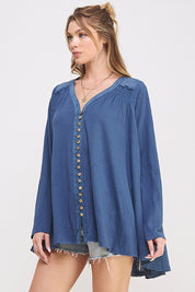 Plus Size Oversized Long Sleeve V-Neck Button Down Tunic