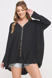 Plus Size Oversized Long Sleeve V-Neck Button Down Tunic