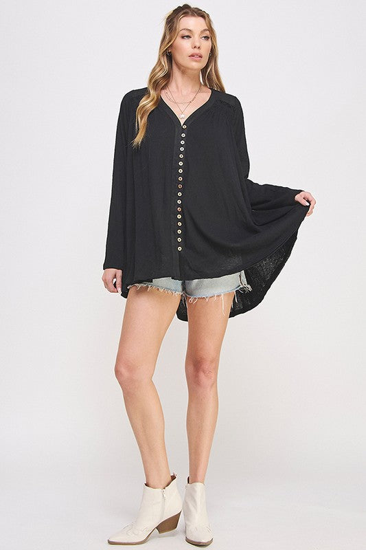 Plus Size Oversized Long Sleeve V-Neck Button Down Tunic