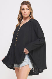 Plus Size Oversized Long Sleeve V-Neck Button Down Tunic