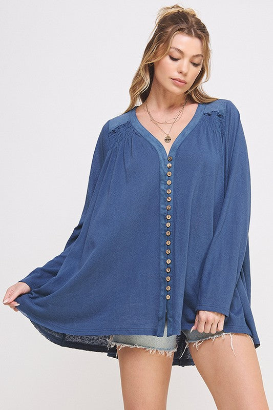 Plus Size Oversized Long Sleeve V-Neck Button Down Tunic