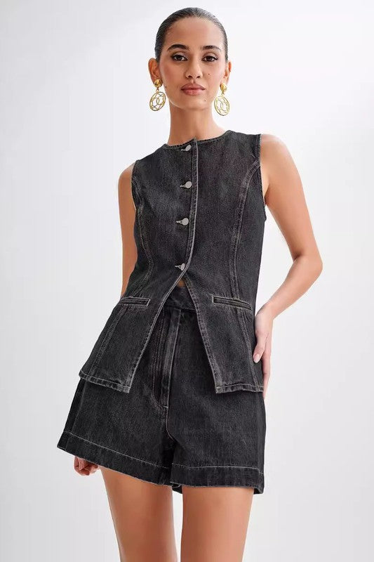 Women's Sleeveless Denim Vest and Shorts Set