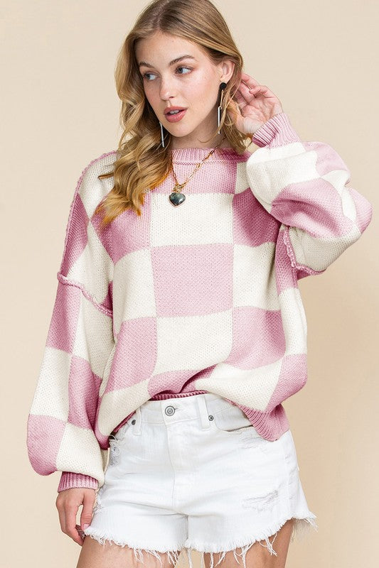 Plaid Exposed Seam Bishop Sleeve Sweater