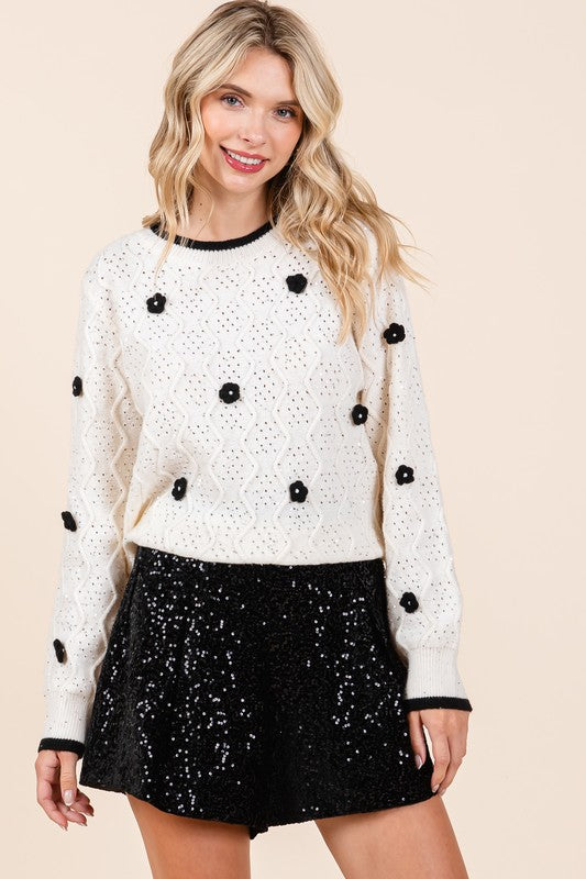 Women's Casual Knit Sweater with Floral and Sequin Details