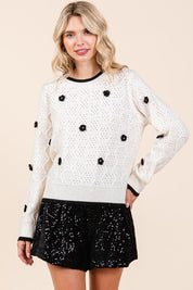 Women's Casual Knit Sweater with Floral and Sequin Details