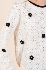 Women's Casual Knit Sweater with Floral and Sequin Details