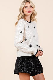 Women's Casual Knit Sweater with Floral and Sequin Details