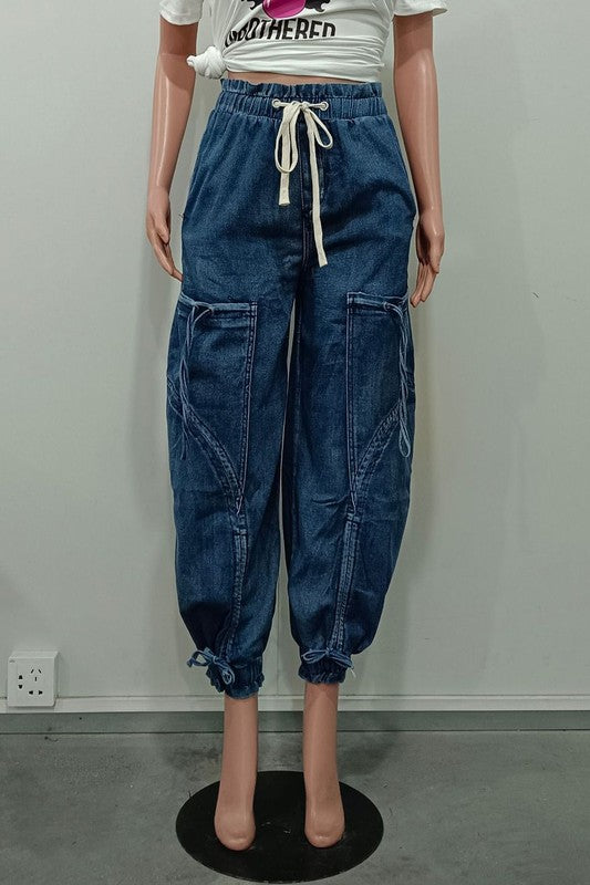 Women's Oversized Harem Denim Pants with Multi-Pockets