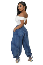 Women's Oversized Harem Denim Pants with Multi-Pockets