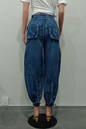 Women's Oversized Harem Denim Pants with Multi-Pockets