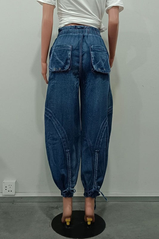 Women's Oversized Harem Denim Pants with Multi-Pockets