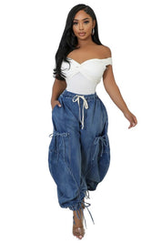 Women's Oversized Harem Denim Pants with Multi-Pockets