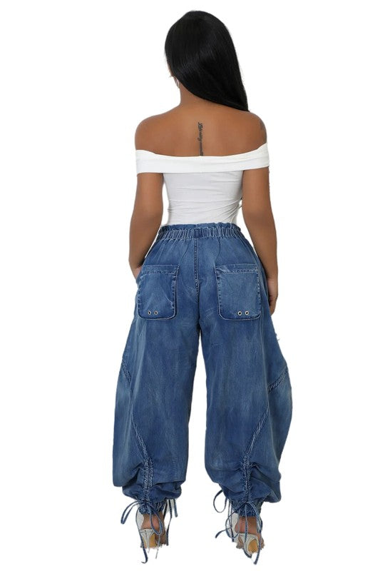 Women's Oversized Harem Denim Pants with Multi-Pockets