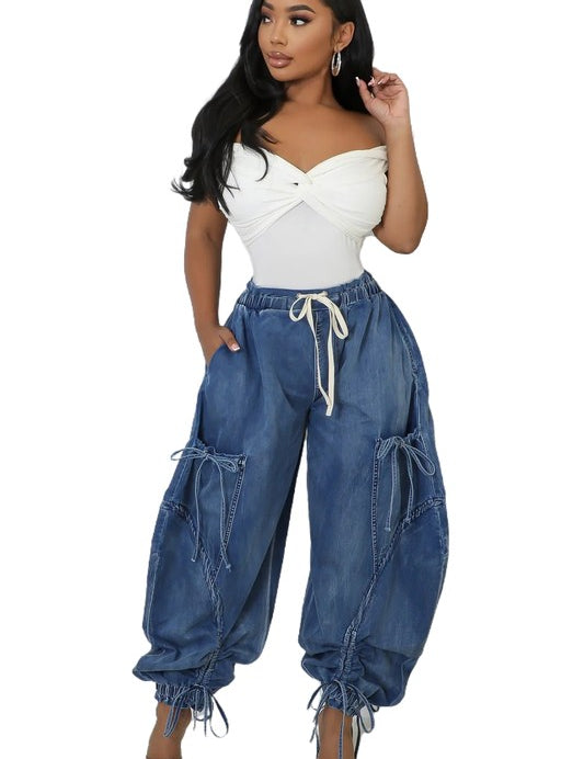 Women's Oversized Harem Denim Pants with Multi-Pockets