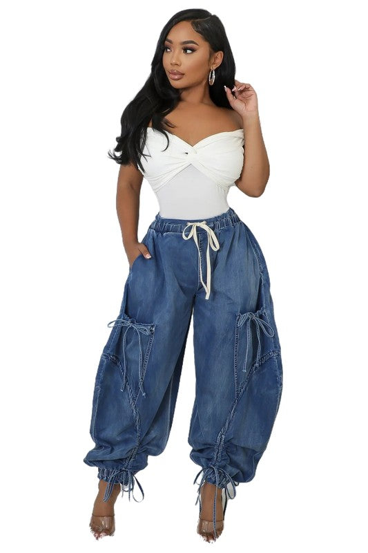 Women's Oversized Harem Denim Pants with Multi-Pockets