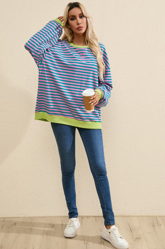 Women's Oversized Striped Contrast Trim Pullover Sweatshirt