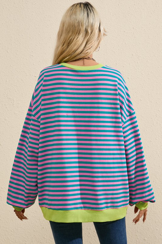 Women's Oversized Striped Contrast Trim Pullover Sweatshirt