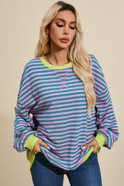 Women's Oversized Striped Contrast Trim Pullover Sweatshirt