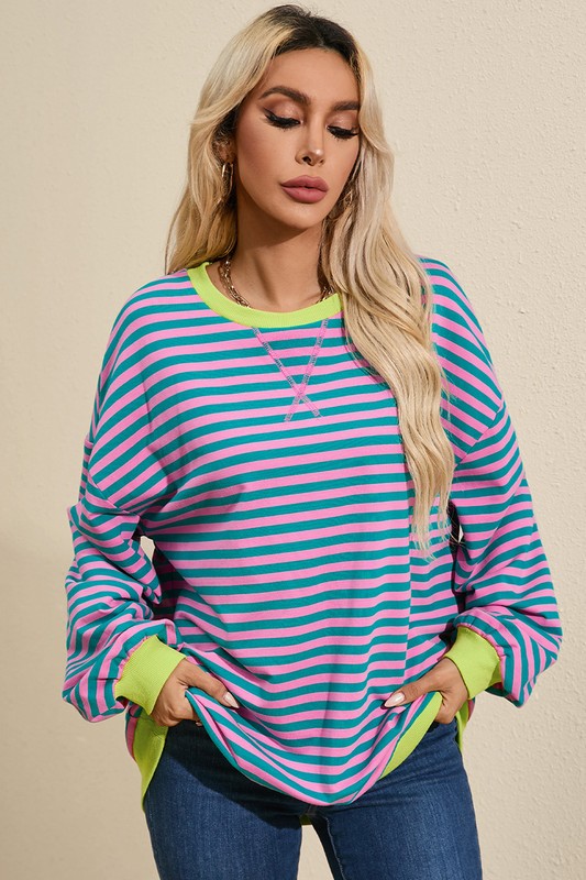 Women's Oversized Striped Contrast Trim Pullover Sweatshirt