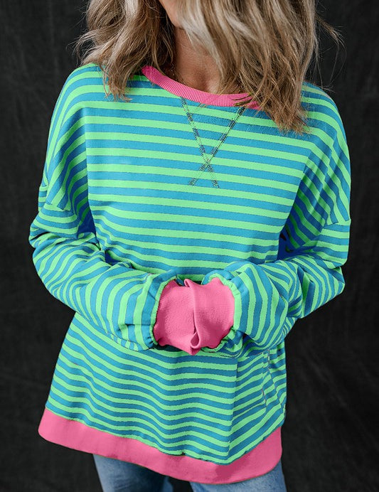 Women's Oversized Striped Contrast Trim Pullover Sweatshirt