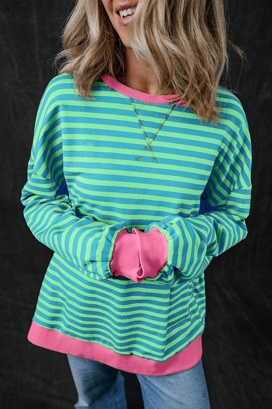 Women's Oversized Striped Contrast Trim Pullover Sweatshirt