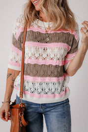 Women's Color Block Crochet Half Sleeve Sweater