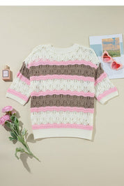 Women's Color Block Crochet Half Sleeve Sweater