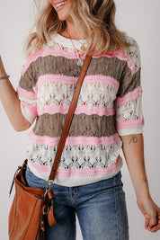 Women's Color Block Crochet Half Sleeve Sweater