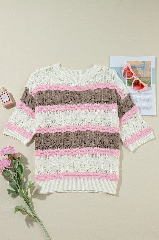 Women's Color Block Crochet Half Sleeve Sweater