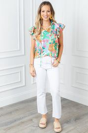 Women's Floral Ruffle Tie Split Neck Blouse