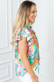 Women's Floral Ruffle Tie Split Neck Blouse