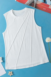 Women White Crew Neck Pleated Tank Top