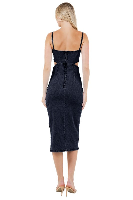 Women's Fashionable Denim Maxi Dress with Thin Straps