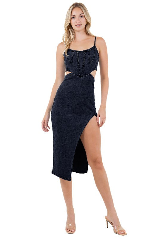 Women's Fashionable Denim Maxi Dress with Thin Straps