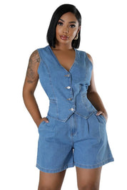 Women's V-Neck Sleeveless Denim Two Piece Set