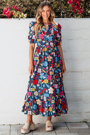 Women Retro Floral Printed Split Neck Maxi Dress