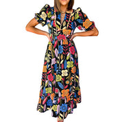 Women Retro Floral Printed Split Neck Maxi Dress