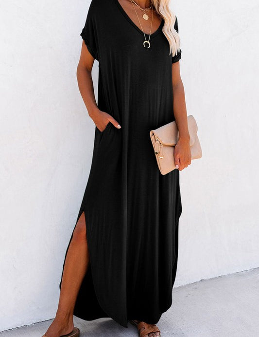 Women Hidden Pocket Splits Maxi T-shirt Dress