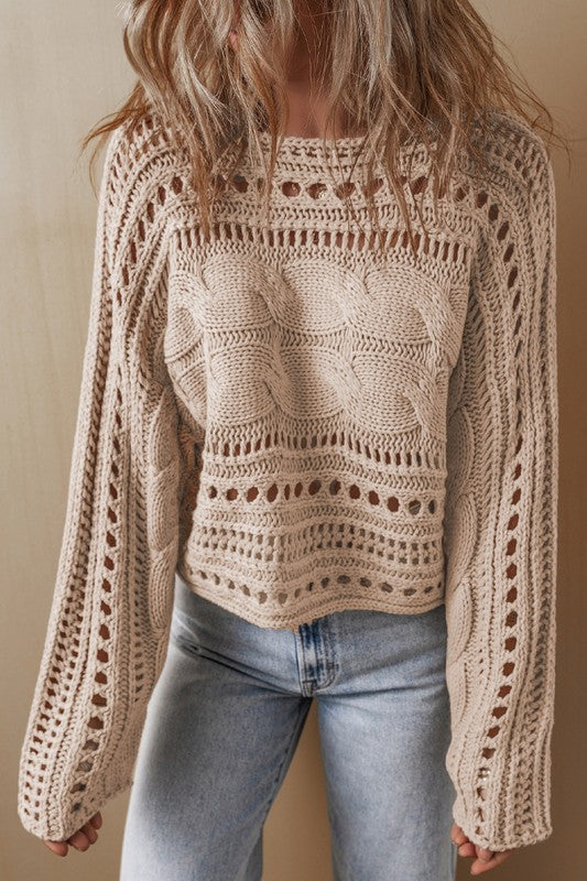 Women's Cropped Cable Knit Sweater with Hollow Out Design