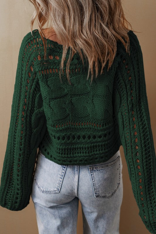 Women's Cropped Cable Knit Sweater with Hollow Out Design