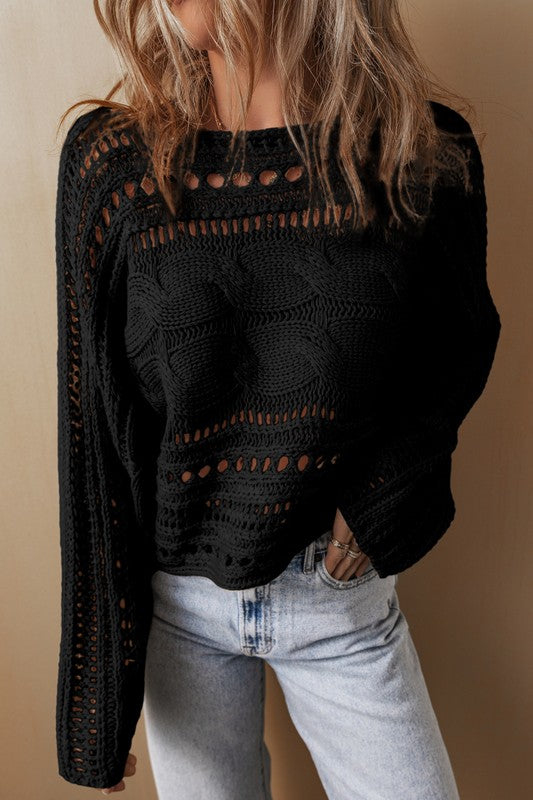 Women's Cropped Cable Knit Sweater with Hollow Out Design