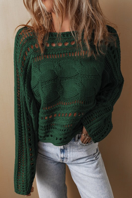 Women's Cropped Cable Knit Sweater with Hollow Out Design