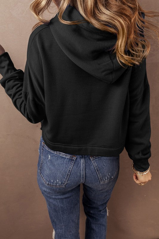 Women's Cropped Drop Shoulder Drawstring Hoodie