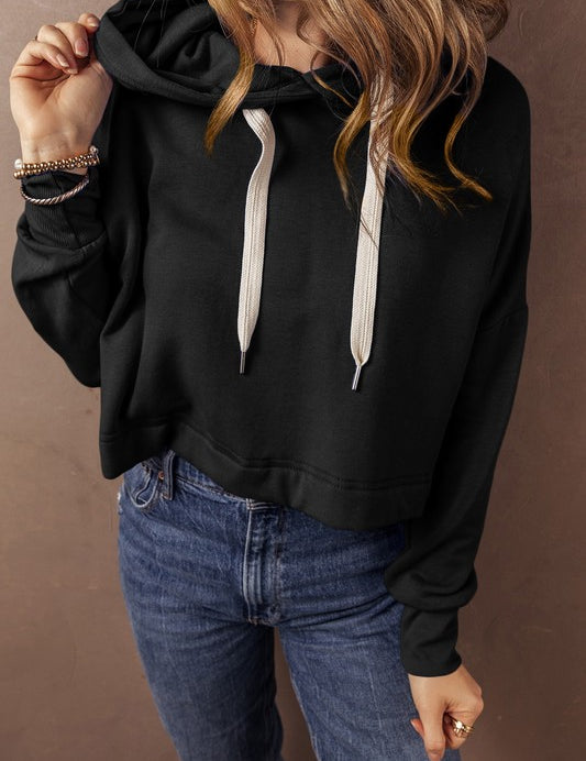 Women's Cropped Drop Shoulder Drawstring Hoodie