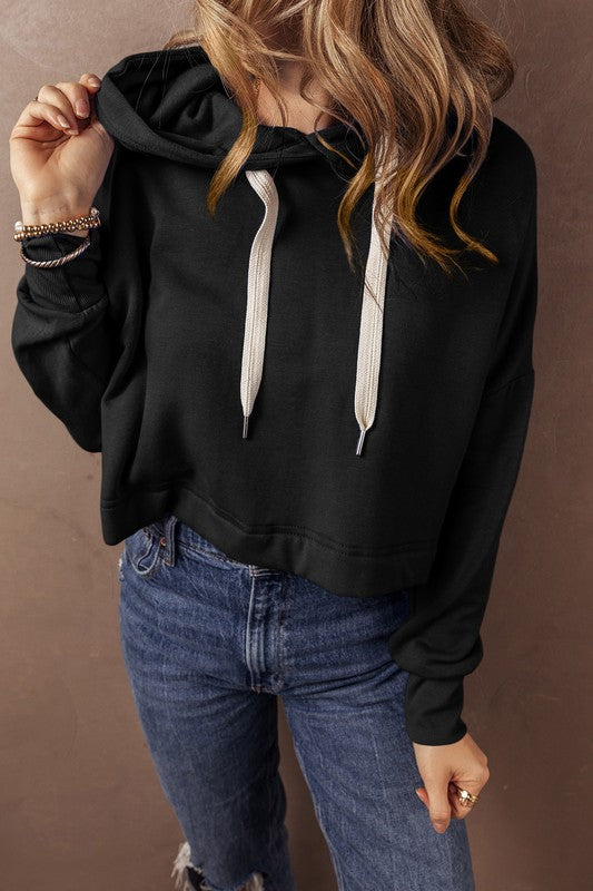 Women's Cropped Drop Shoulder Drawstring Hoodie