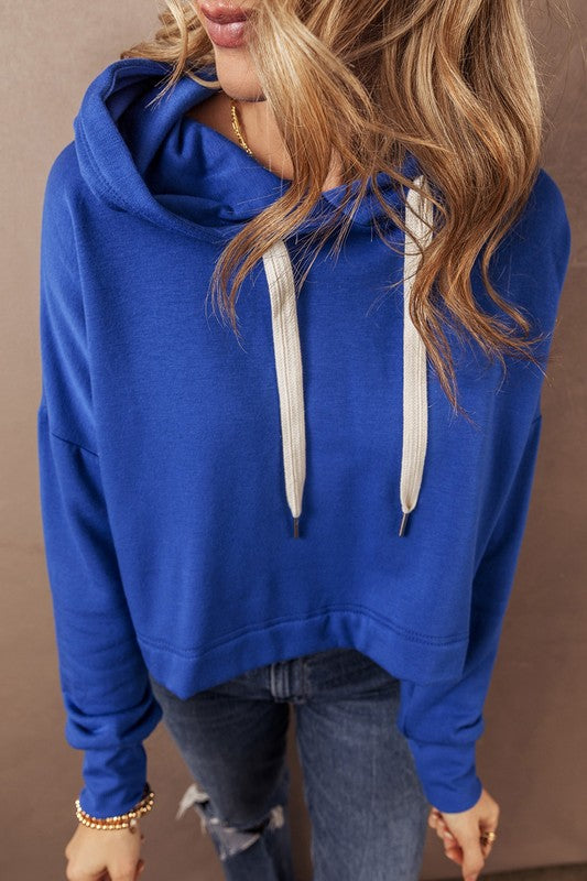 Women's Cropped Drop Shoulder Drawstring Hoodie