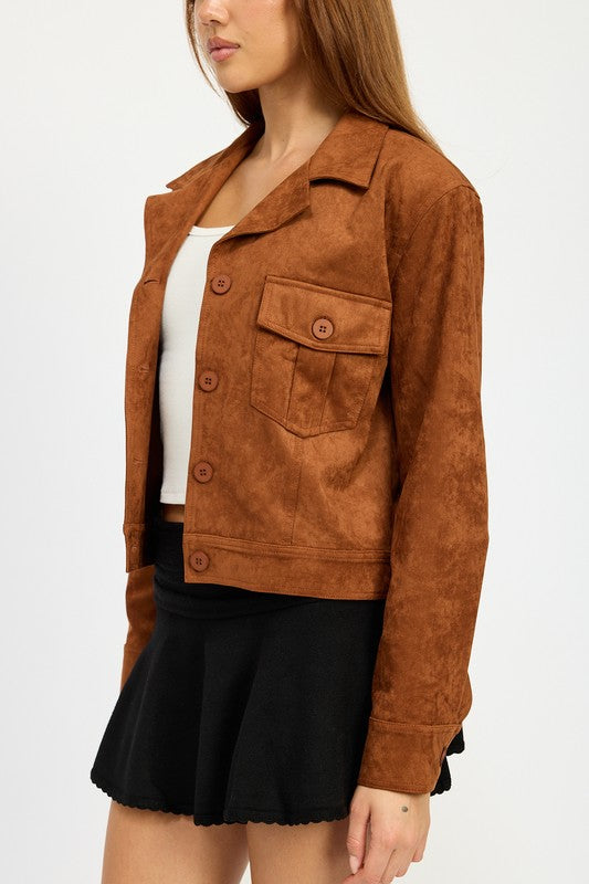 Women's Casual Sude Jacket with Pockets