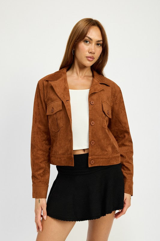 Women's Casual Sude Jacket with Pockets