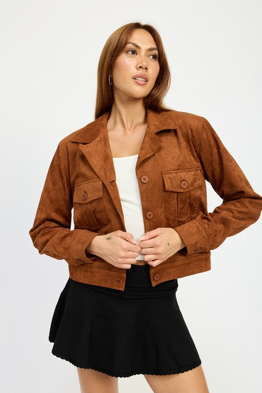 Women's Casual Sude Jacket with Pockets