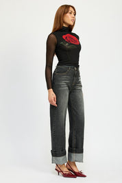 Women's Fold Over Washed Denim Pants